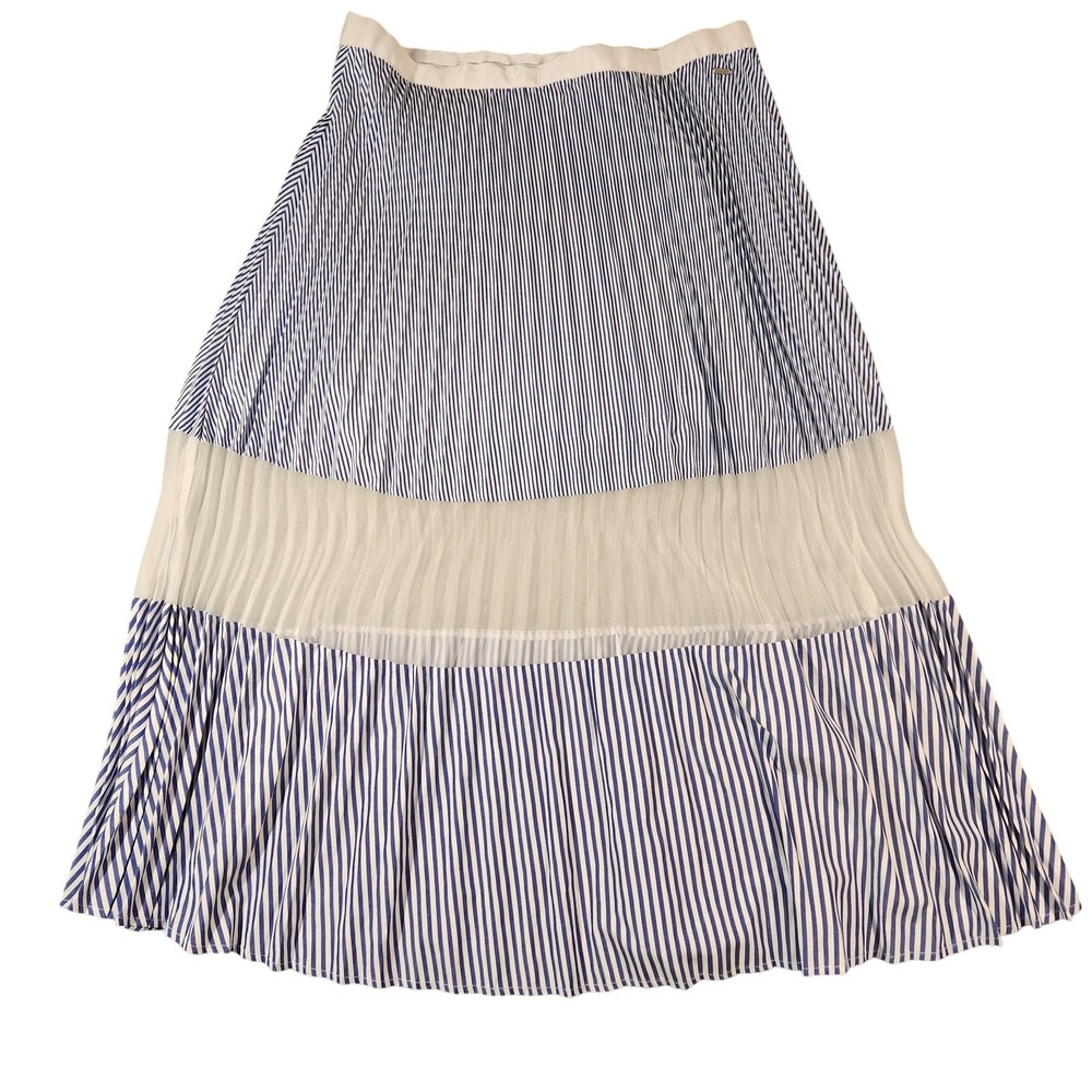 Armani Exchange Skirt Womens 12 Blue White Pleated Stripe Sheer Panel Midi